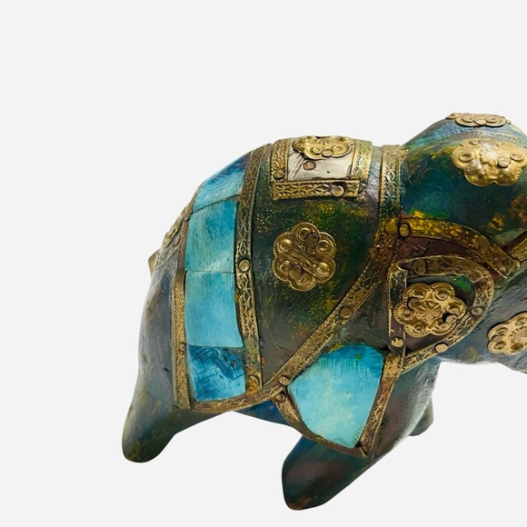 Carved Wood Indian Elephant Copper Brass and Bovine Bone Inlay Embellishments - Picture 6 of 13